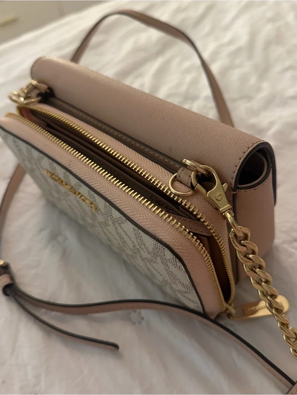Beige Crossbody Shoulder Bag with Gold Hardware